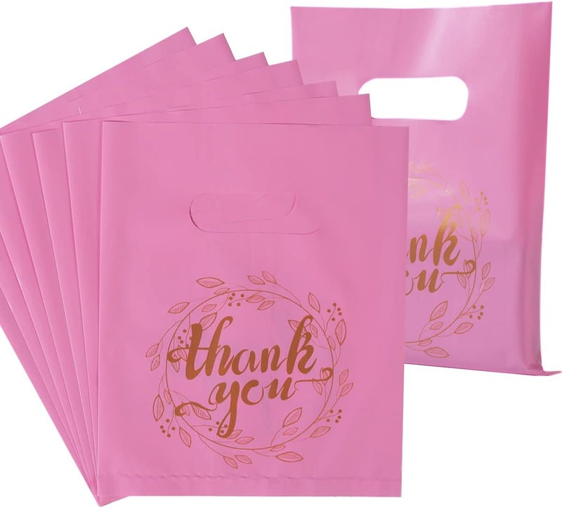 Wishop 100 Pieces Pink Thank You Merchandise Bags Party Gift Bags Candy Bags for Boutique, Retail, Gift Bags, Clothes, Party Favors (Pink/Gold, 6.3x7.9 Inches) - Image 1